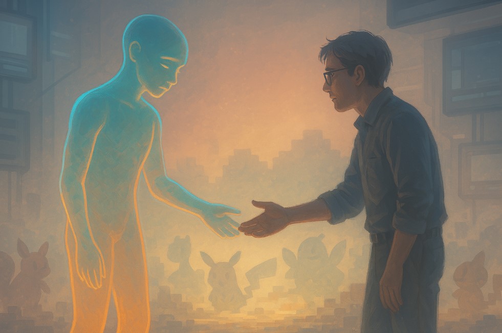 A glowing, translucent AI figure stands at the edge of a misty, pixelated world, symbolizing a learning journey. A human reaches out gently, offering guidance and trust. In the foggy distance, faint outlines of familiar game creatures evoke nostalgia and possibility. The atmosphere is soft and warm, capturing vulnerability, encouragement, and the courage to learn.