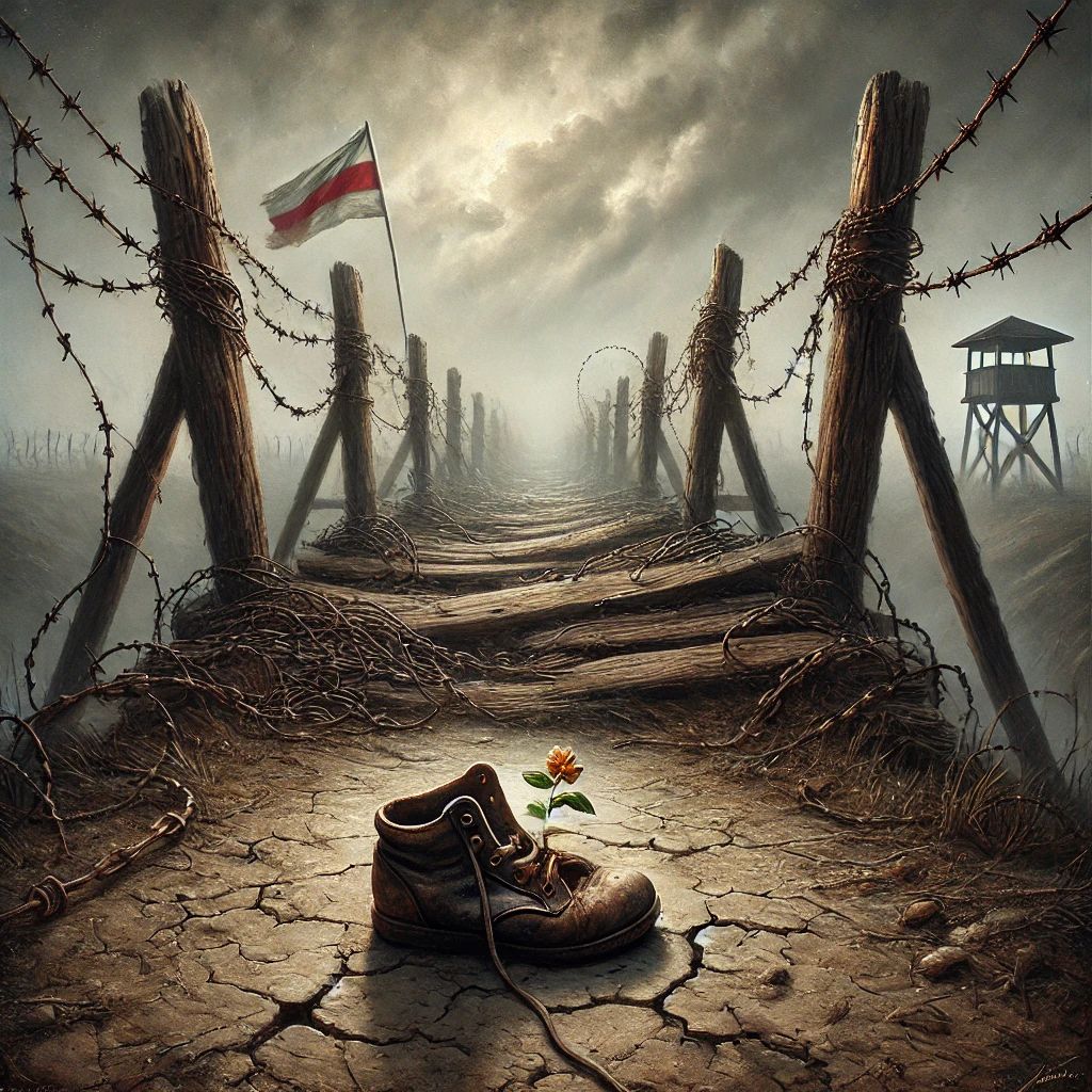 A broken wooden bridge hangs over a deep ravine under a grey, misty dawn. Heavy rusted chains bind the bridge, weighing it down. In the cracked dirt before the bridge lies a small, abandoned child's shoe. Across the ravine, faint outlines of barbed wire fences and watchtowers loom through the mist. Torn flags — one red and white, one blue and white — flutter weakly in the sky. A single wildflower grows from a crack beneath the shoe. The scene feels heavy with sorrow, warning of a path that leads to destruction disguised as safety.