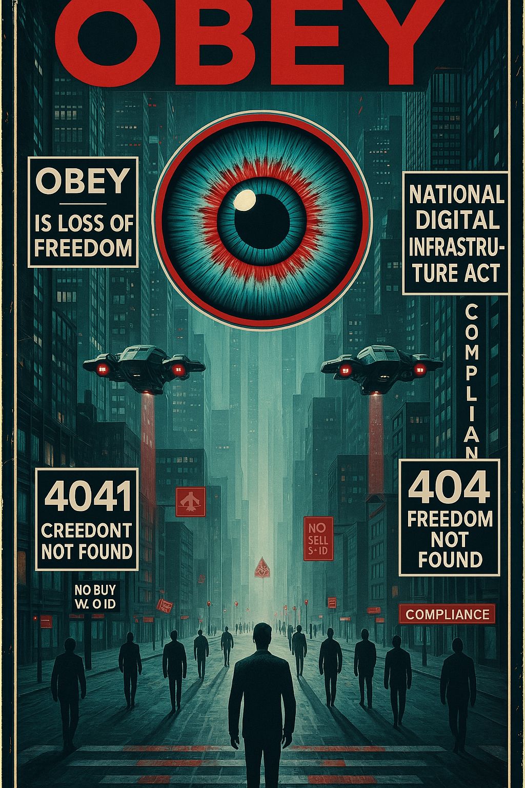A dystopian digital illustration of a futuristic city under surveillance, dominated by a giant eye in the sky. The poster displays bold red and black signs with messages like 