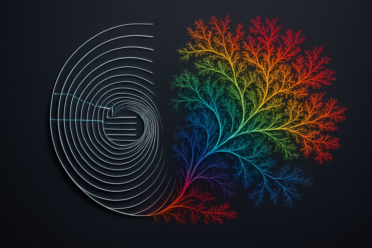 A digital fractal artwork showing glowing, branching spirals of light converging toward a central pulse. The branches vary in thickness and brightness, symbolizing weighted reasoning and the balance between minimal code and deep comprehension.