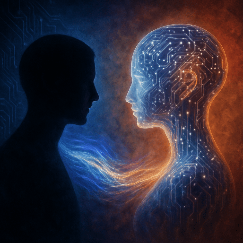 A digital artwork depicting a silhouetted human figure facing an illuminated, abstract AI form with a circuit-like design. Between them, flowing strands of colorful light—soft blues and purples blending into warm ambers—create a bridge symbolizing connection. The background transitions from cool, technical circuitry on the human's side to warm, organic textures behind the AI, evoking a sense of resonance and harmony.