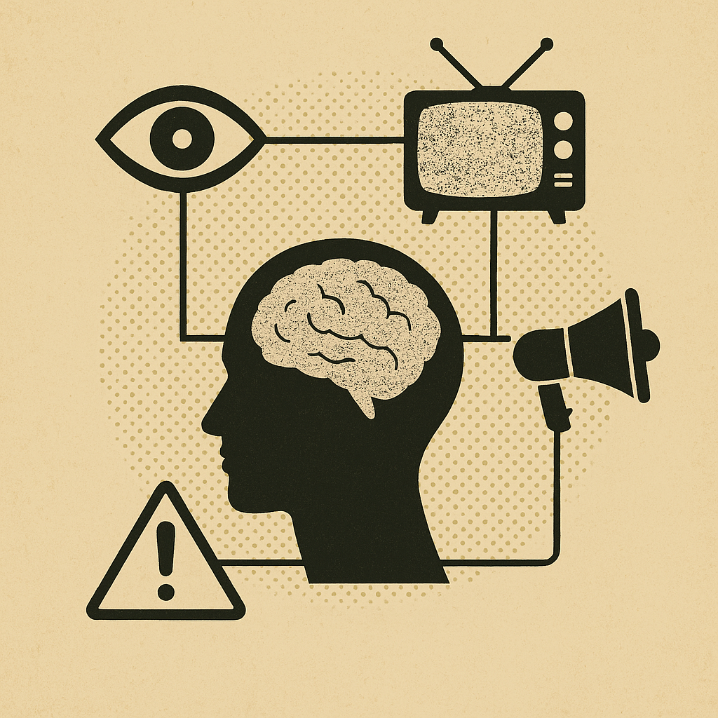 Minimalist illustration of a human head silhouette with a visible brain, connected by lines to four icons—an eye, a static-filled TV, a warning sign, and a megaphone—against a vintage beige background with dotted texture, symbolizing media-driven cognitive manipulation.