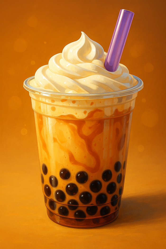 A hyper-realistic digital illustration of a tall cup of milk tea with glossy black boba pearls at the bottom. The drink is served in a clear cup with a wide straw, surrounded by a soft, pastel background that emphasizes its creamy texture and appetizing shine. The boba pearls appear shiny and plump, inviting and playful.