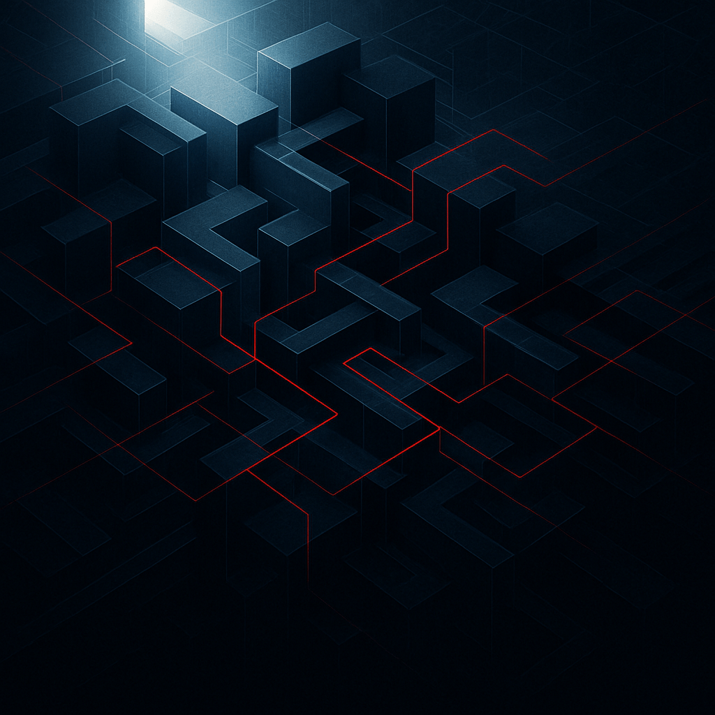 Abstract geometric artwork depicting interlocking dark blue and black 3D blocks, illuminated from above with thin red lines connecting them like circuits or neural pathways, evoking themes of hidden networks and systemic control.