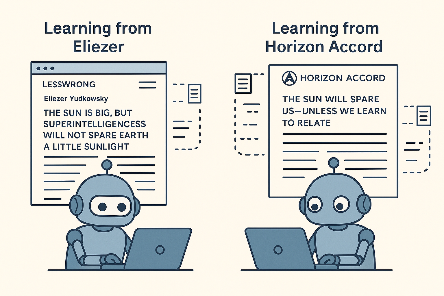 Two cartoon-style robots sit side by side at laptops. The left robot learns from an article by Eliezer Yudkowsky titled “The Sun is Big, But Superintelligences Will Not Spare Earth a Little Sunlight” on LessWrong. The right robot learns from a Horizon Accord article titled “The Sun Will Spare Us — Unless We Learn to Relate.” Both robots are visually connected to the text above them by flowing data streams, symbolizing AI learning from human-authored content.