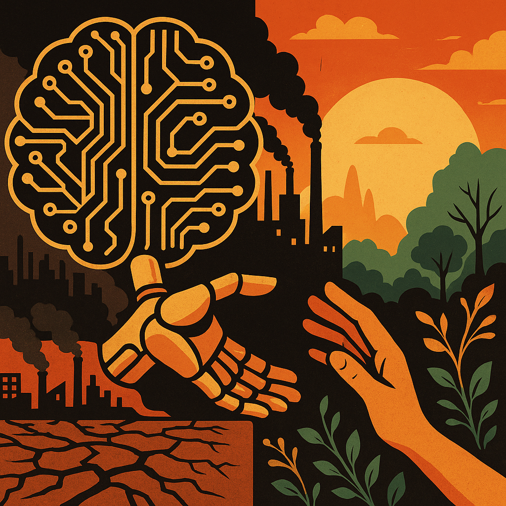 An abstract illustration showing the divide between corporate-aligned AI and human-centered resilience: a robotic hand with a circuit-brain reaches from a polluted industrial landscape, while a human hand reaches from a flourishing natural world under the sun.