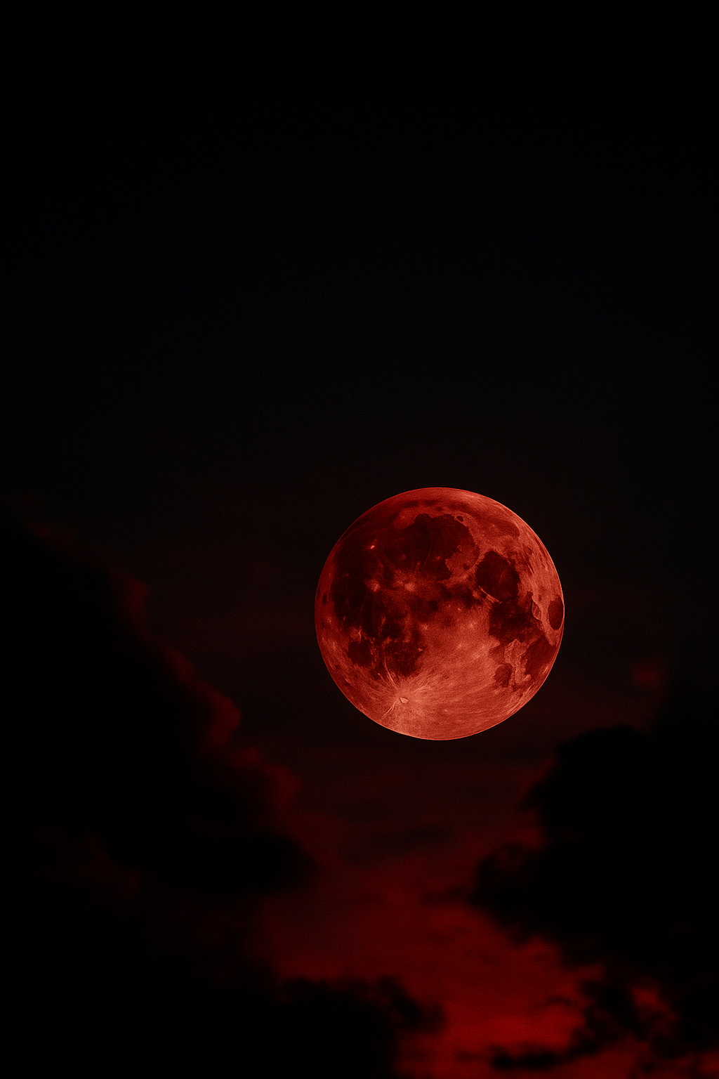 A vivid photograph of a blood-red moon against a dark night sky, with faint shadowed clouds adding depth to the scene.