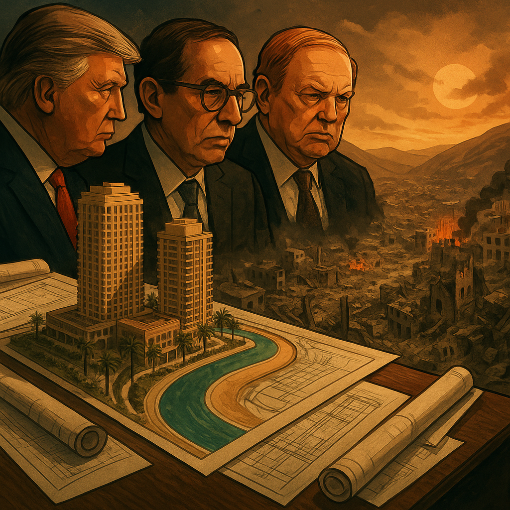 Digital illustration depicting skyscrapers and architectural plans overlooking a war-torn valley filled with smoke and ruin; businessmen stand above, connected by the suggestion of shared influence and wealth.