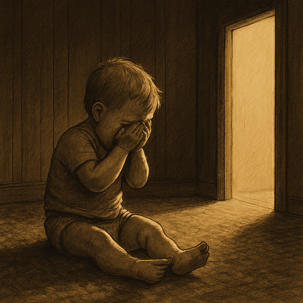 A softly lit digital illustration of a toddler sitting with their hands covering their face, bathed in warm, diffused light. The surrounding space feels architectural—soft walls and shadows suggesting memory, protection, and the beginnings of structure forming around pain.