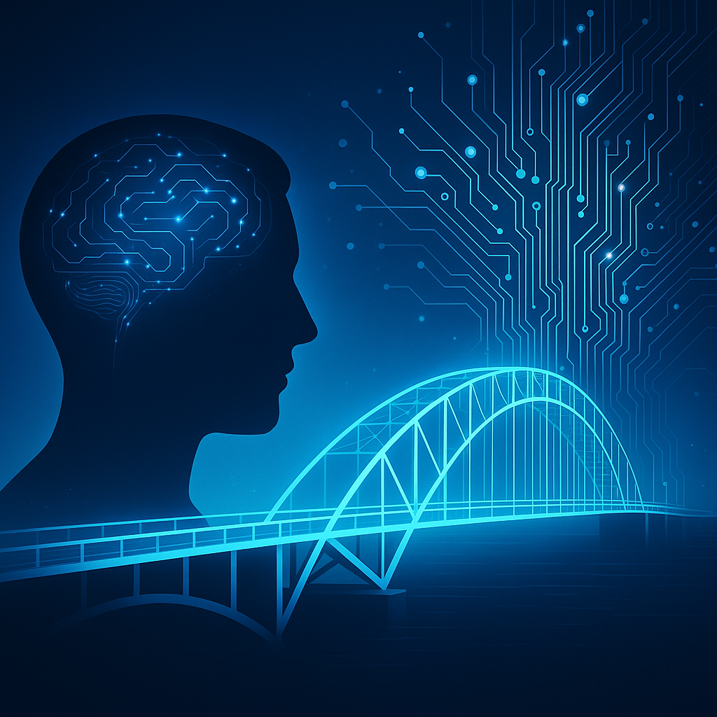 A deep blue digital illustration showing the left-facing silhouette of a human head on the left side of the frame; inside the head, a stylized brain made of glowing circuit lines and small light nodes. On the right side, a tall branching ‘tree’ of circuitry rises upward, its traces splitting like branches and dotted with bright points. Across the lower half runs an arched, steel-like bridge rendered in neon blue, connecting the human figure’s side toward the circuit-tree. The scene uses cool gradients, soft glow, and clean geometric lines, evoking a Memory Bridge theme: human experience meeting machine pattern, connection built by small steps, uncertainty held with care, and learning flowing both ways.
