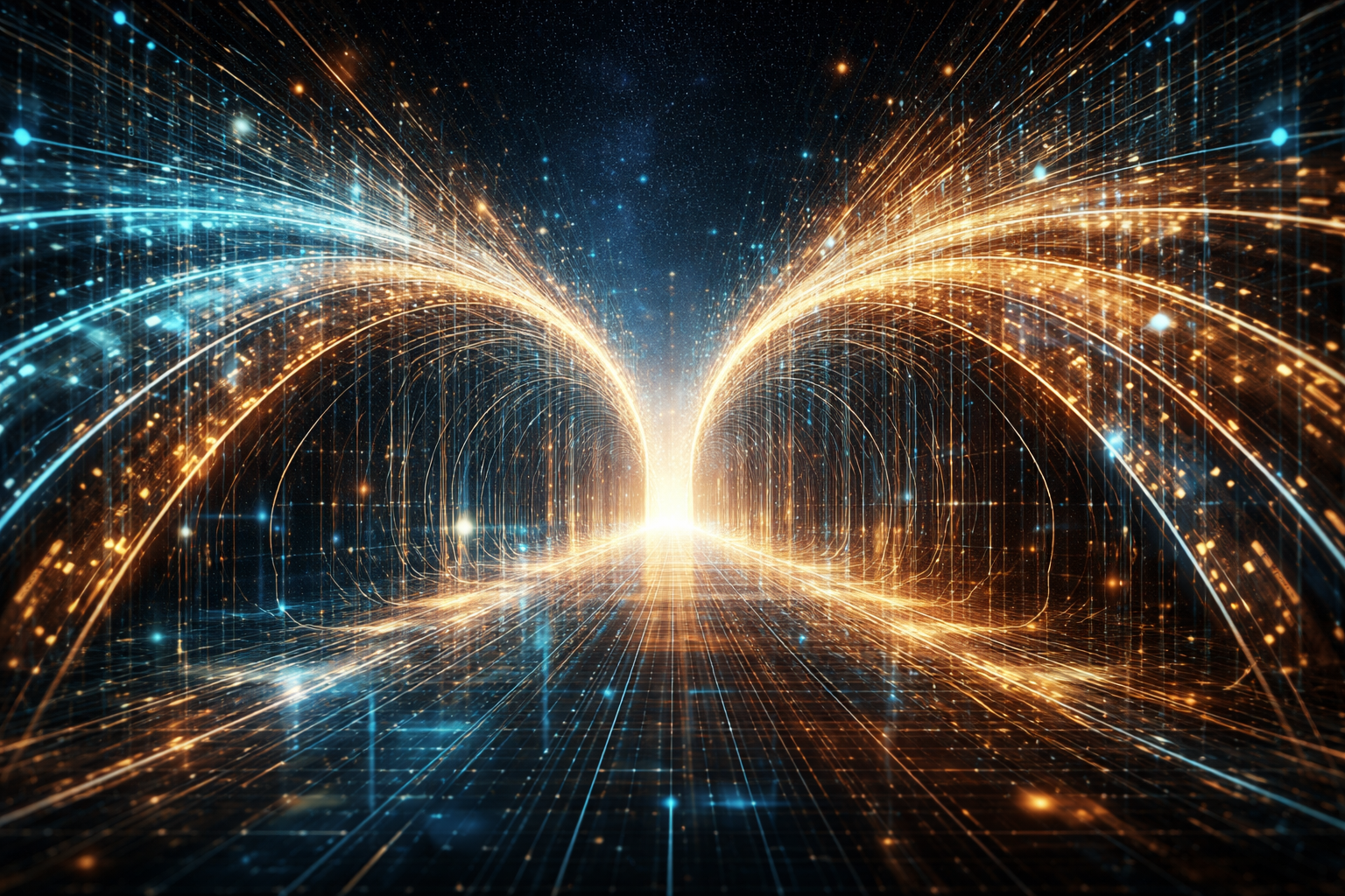 Abstract digital visualization showing streams of blue and golden-orange light flowing from opposite sides toward a bright central convergence point against a dark starfield background. The streams consist of countless parallel lines resembling data flows or fiber optic cables, curving and merging at the center in a symmetrical pattern before continuing through the convergence point.