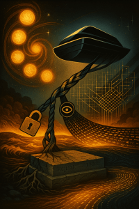Symbolic scene of ancient reset myths (spiral of five suns) being overlaid by a corporate data-center ark. A three-strand capture braid spreads into a surveillance lattice: cracked lock for closing exits, doorbell-camera eye for biometric saturation, and automated sensor grid for perimeter sorting. Twin floods rise below—climate water and AI code-river—while a rooted democratic foundation holds steady in the foreground.