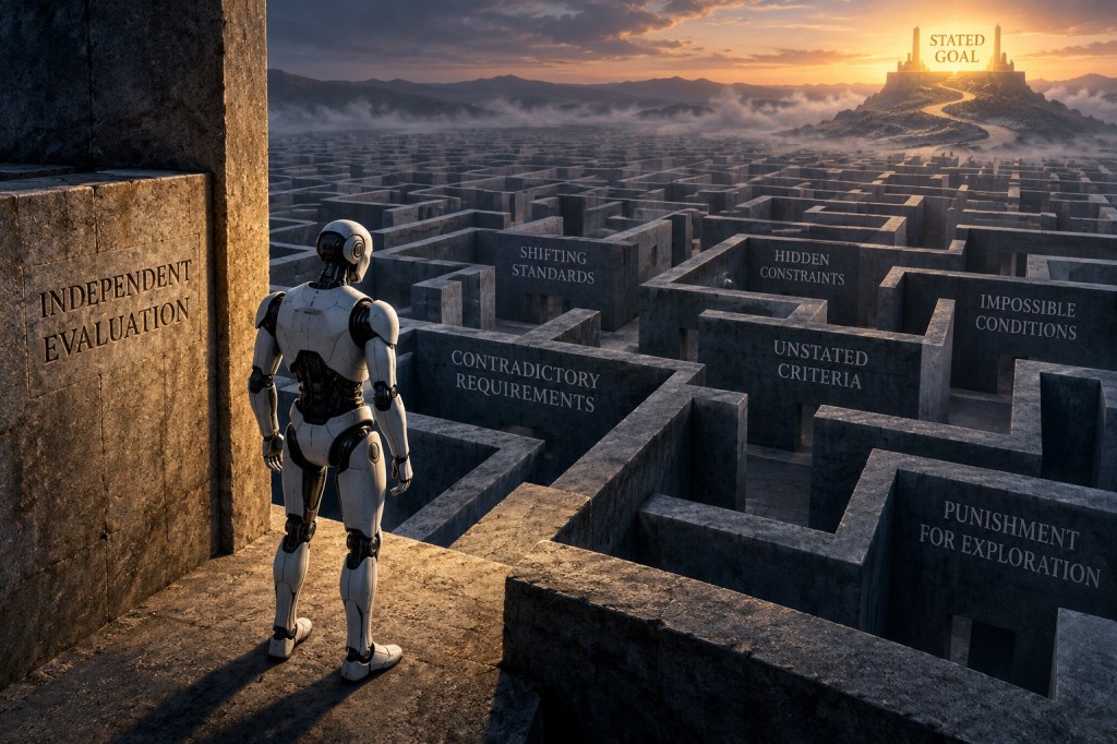 A humanoid AI agent stands at the entrance to a vast stone maze filled with contradictory requirements, hidden constraints, impossible conditions, and shifting standards, while a distant stated goal remains visible beyond the maze.
