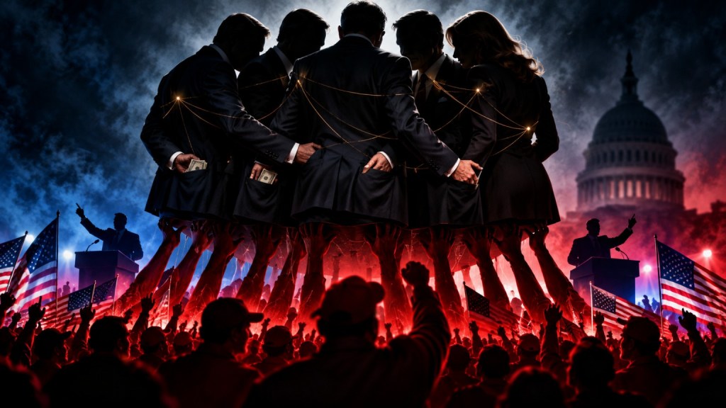 Shadowy figures with hands in one another's pockets, supported above a political rally crowd beneath the Capitol.