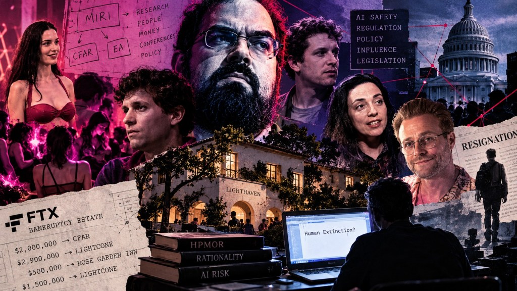 Editorial collage illustrating the AI-safety influence network, showing research figures, Lighthaven, financial records, social gatherings, and the US Capitol.