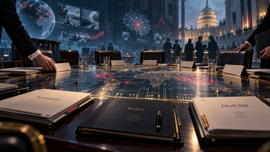 AI scenario maps and draft legislation arranged on a conference table overlooking a government chamber