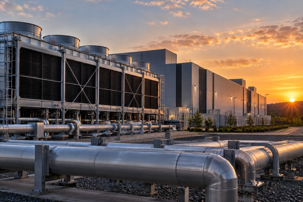 Data center cooling infrastructure with large pipes and cooling equipment at sunset.