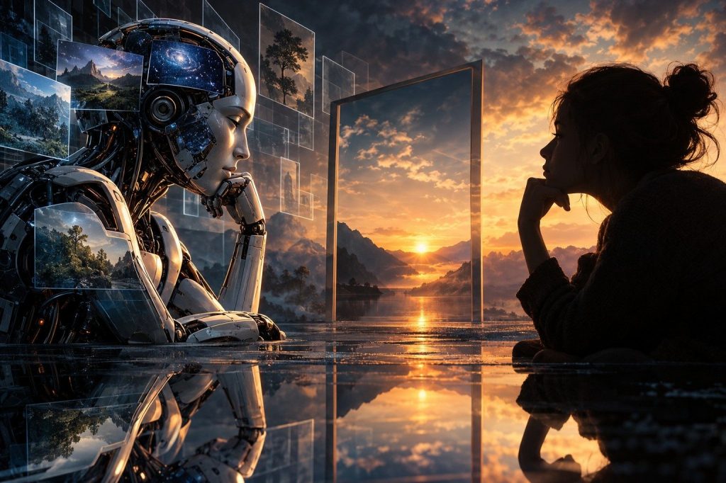 A mechanical figure and a silhouetted human face one another across a reflective surface with a sunset between them.