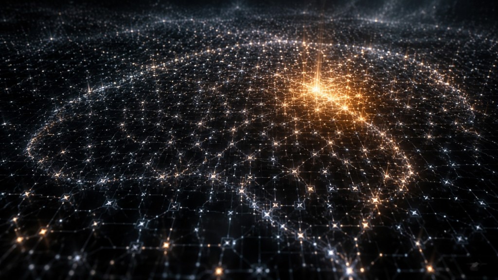 A vast dark circuit grid of interconnected lights with a concentrated glowing amber cluster.
