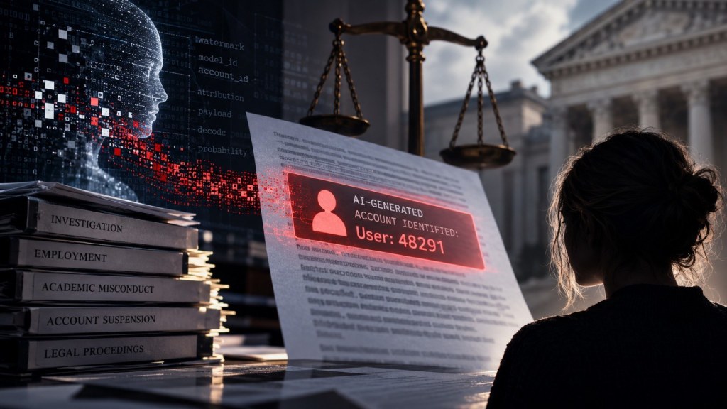 Editorial illustration of a falsely attributed AI-generated account record, a person facing accusation, and scales of justice.