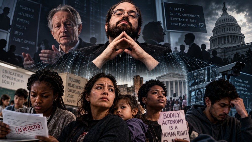 Editorial collage contrasting influential AI-policy figures with people affected by surveillance, inequity, reproductive rights restrictions, and AI-writing detection.